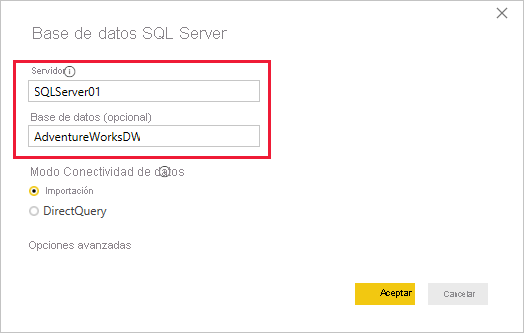 Screenshot of the SQL Server database dialog box.