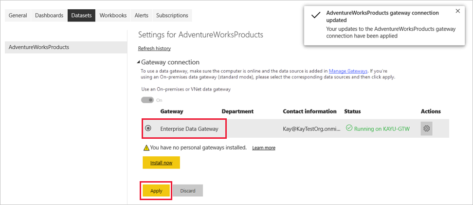 Screenshot that shows applying the gateway connection.