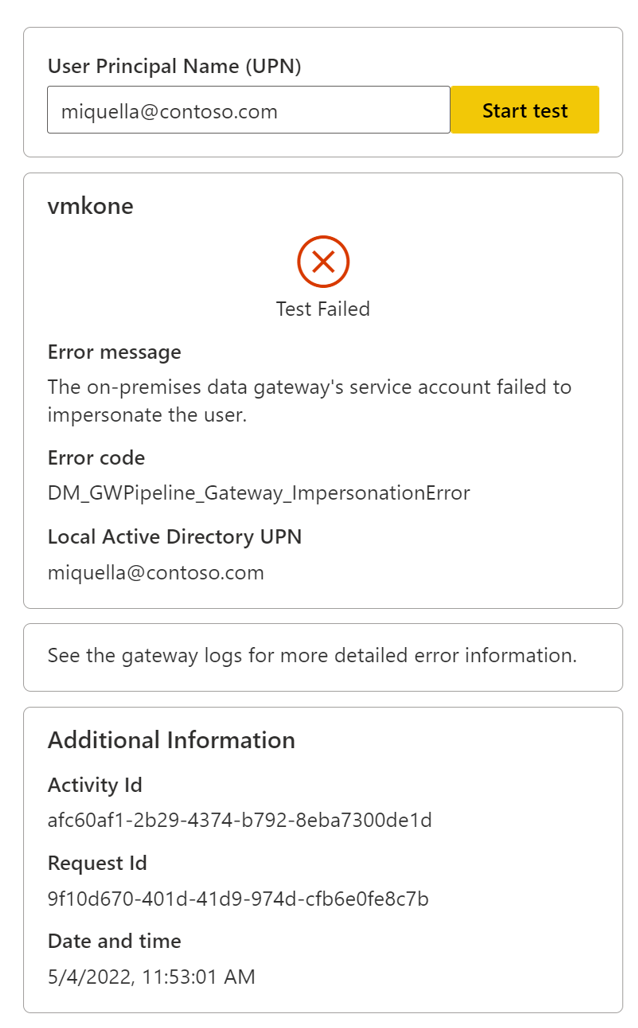 Screenshot of the error dialog when testing fails to impersonate the user.