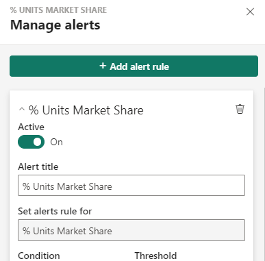 Screenshot showing the rule window. The Alert title box contains a title, and the Active slider is set to On.