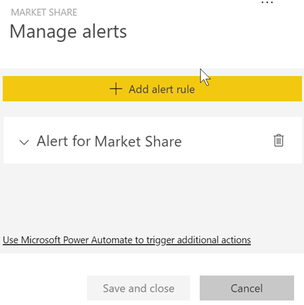 Screenshot showing the window for managing alerts, with the Alert for Market Share alert visible.