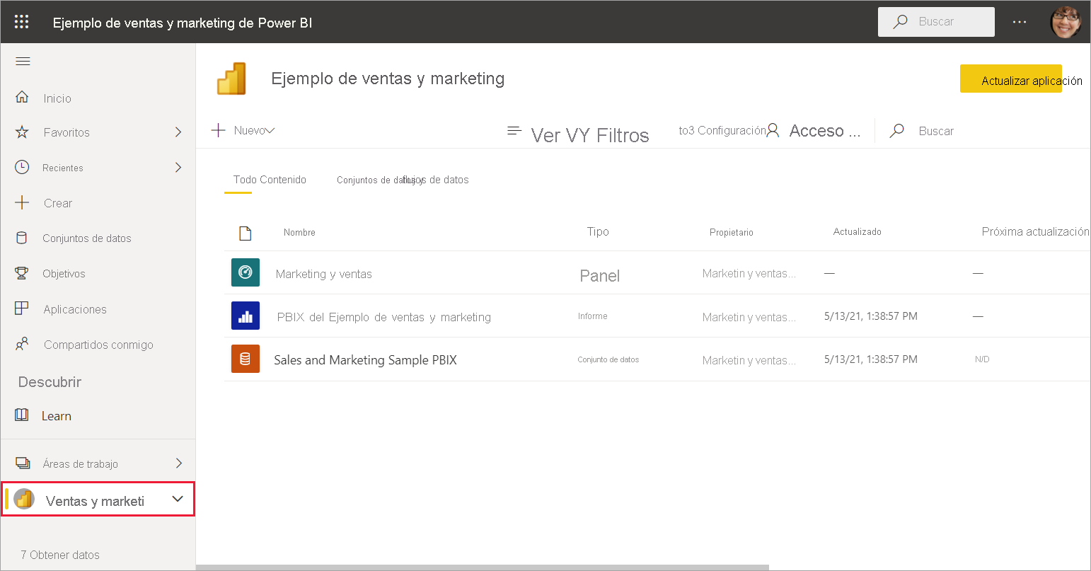 Screenshot of the Sales and Marketing workspace showing one report and one semantic model.