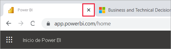 A screenshot showing the x on the browser tab to close Power BI.