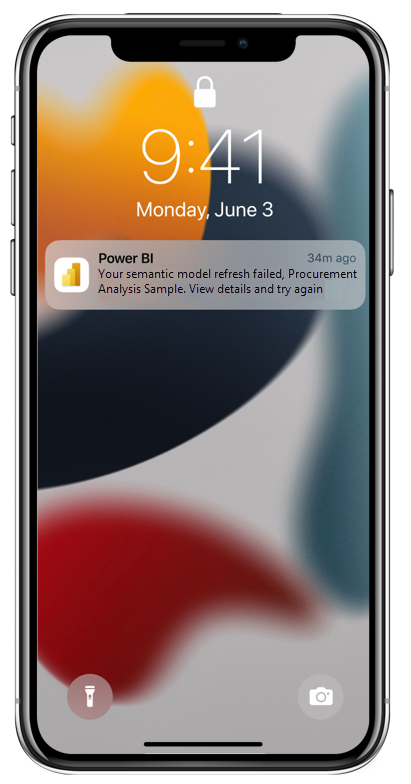 Screenshot of semantic model refresh failure notification in the Power BI mobile app.