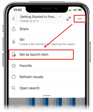 Captura de pantalla de la opción Establecer como elemento de inicio en un informe en la aplicación móvil de Power BI.