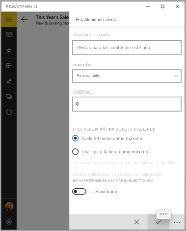 Captura de pantalla de la configuración de alertas, en la que se muestran las entradas para editar la alerta.