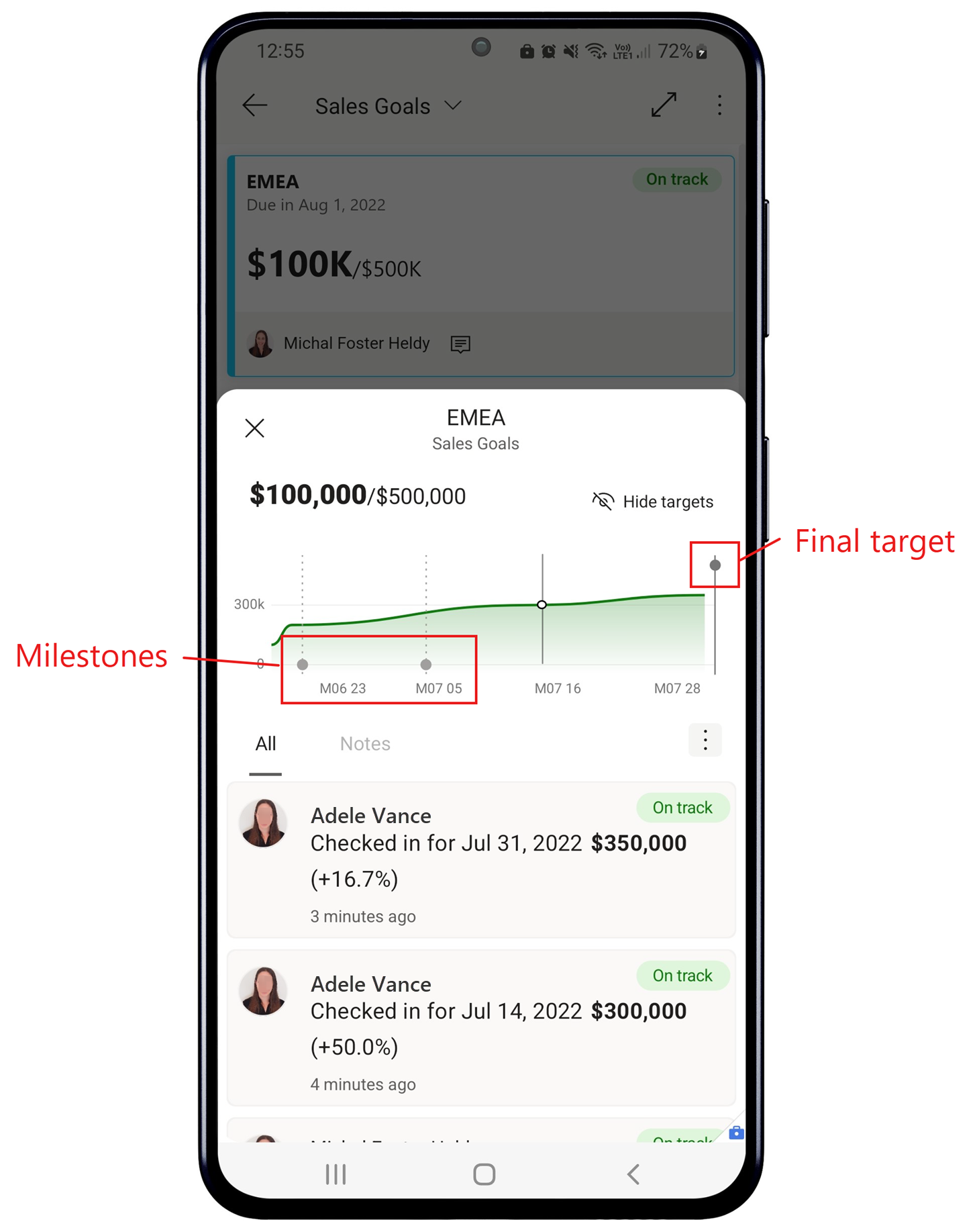 Screenshot of a metric's details pane in the mobile app showing multiple milestones.