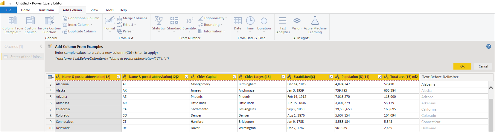 Screenshot of Power Query Editor, showing how to add a column from examples in Power BI Desktop.