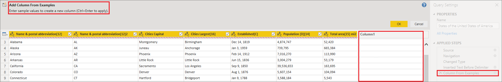 Screenshot of Add Column From Examples window, highlighting a new, empty column.