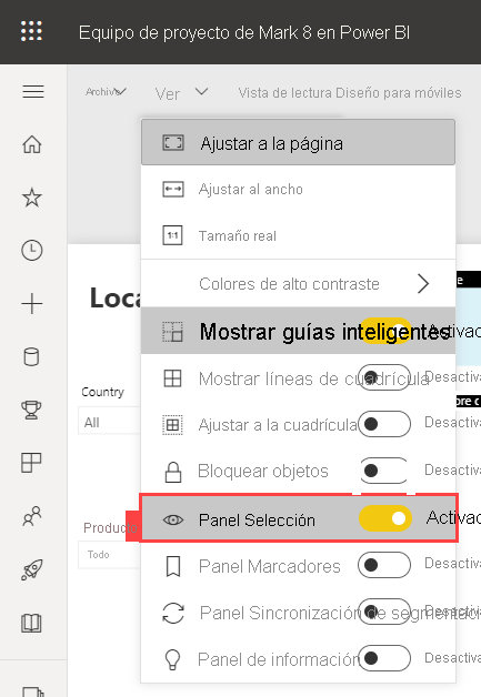 Screenshot showing how to turn on the Selection pane in the Power BI service.