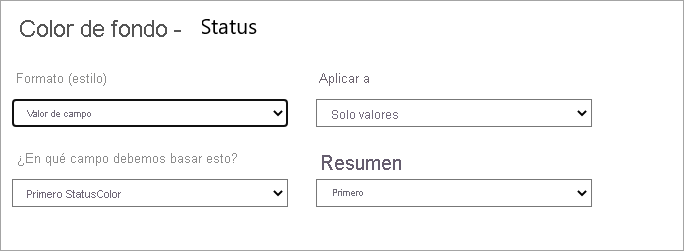 Dialog of background color for Status field: Format style dropdown is set to Field value.