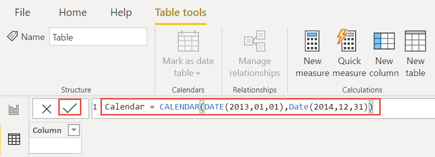 Captura de pantalla de la expresión DAX Calendar.
