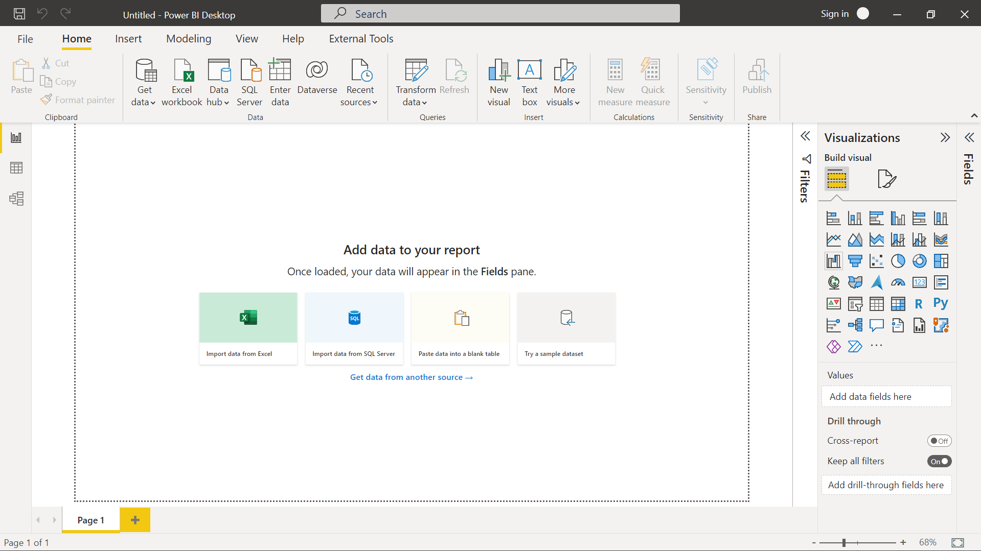 Screenshot showing Power BI Desktop in Report view with a blank canvas.
