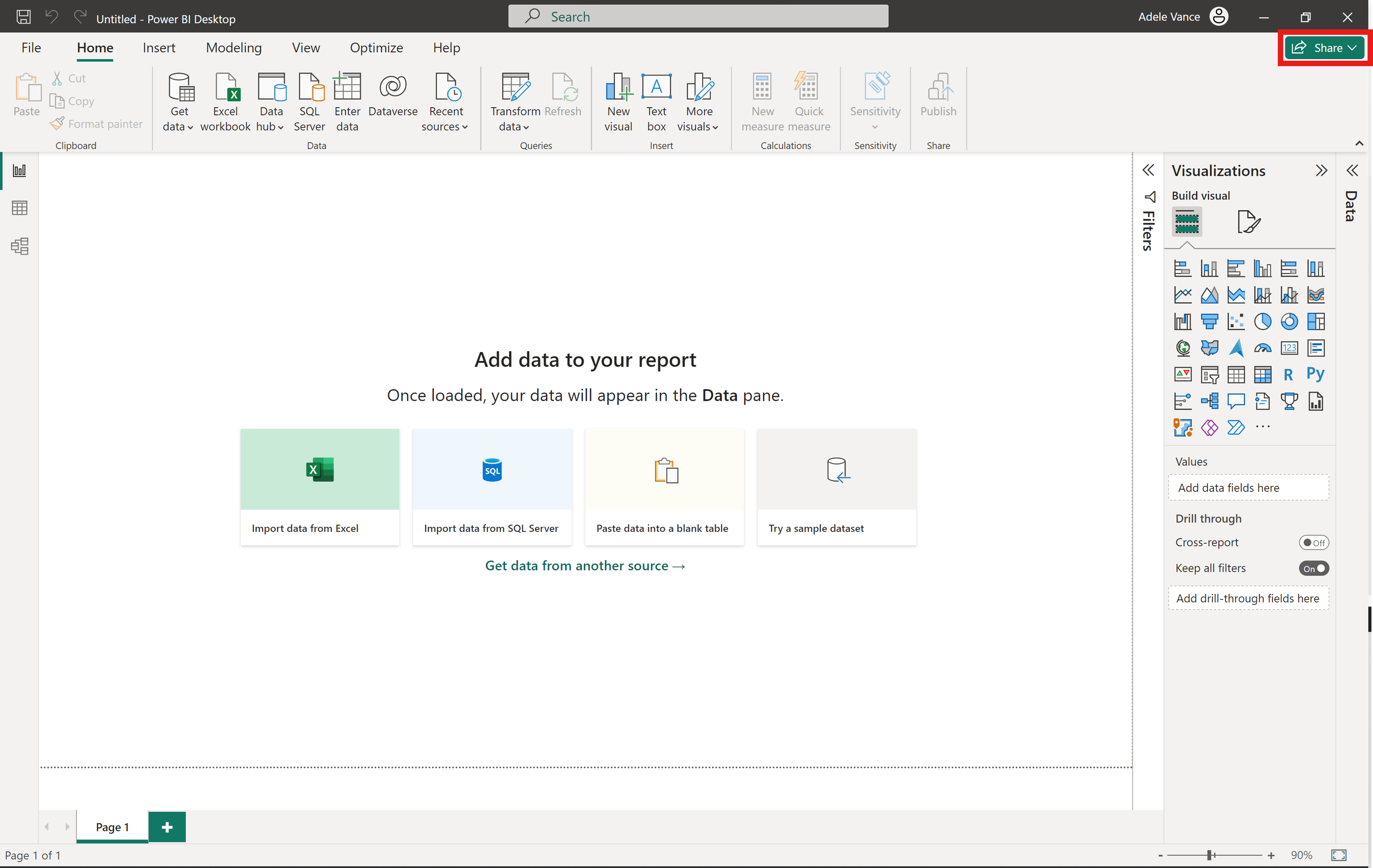 Captura de pantalla del botón Compartir en Power BI.