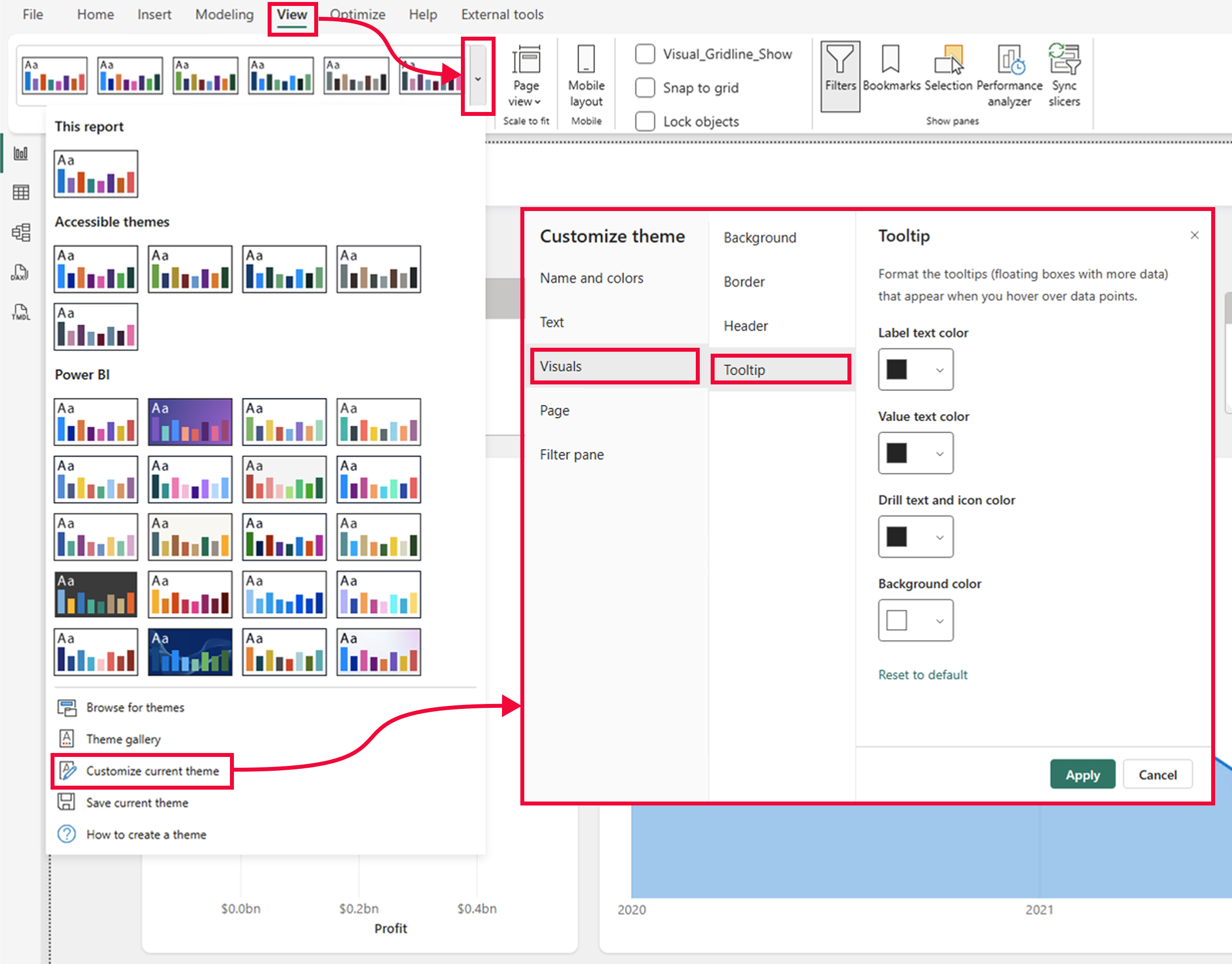 Captura de pantalla de las opciones de estilo de tooltips en el cuadro de diálogo Personalizar tema en uso.