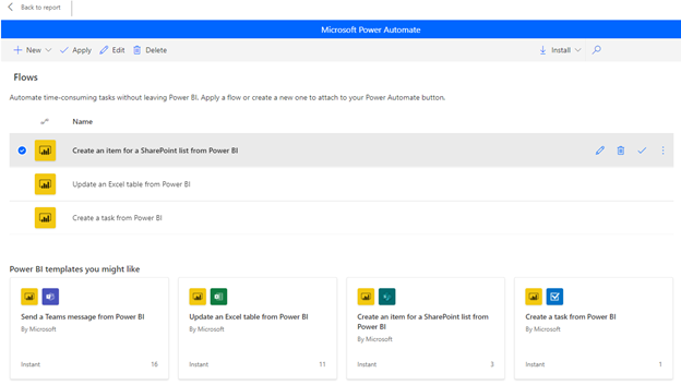 Captura de pantalla que muestra Crear un flujo para una lista de SharePoint en Power BI.