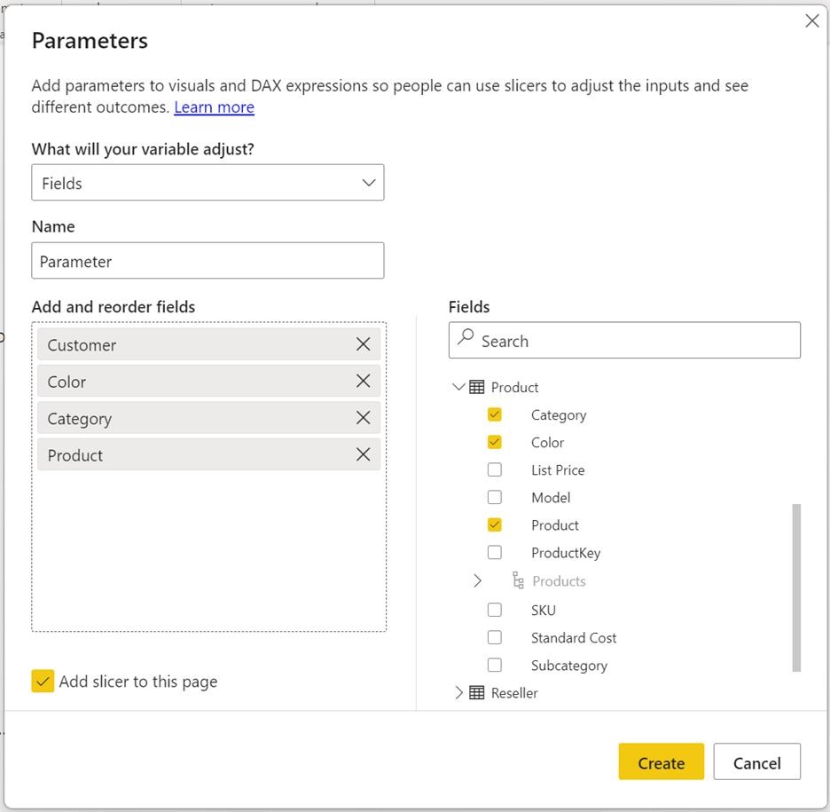 Captura de pantalla del cuadro de diálogo Parámetros, que muestra las selecciones de cliente, color, categoría y producto