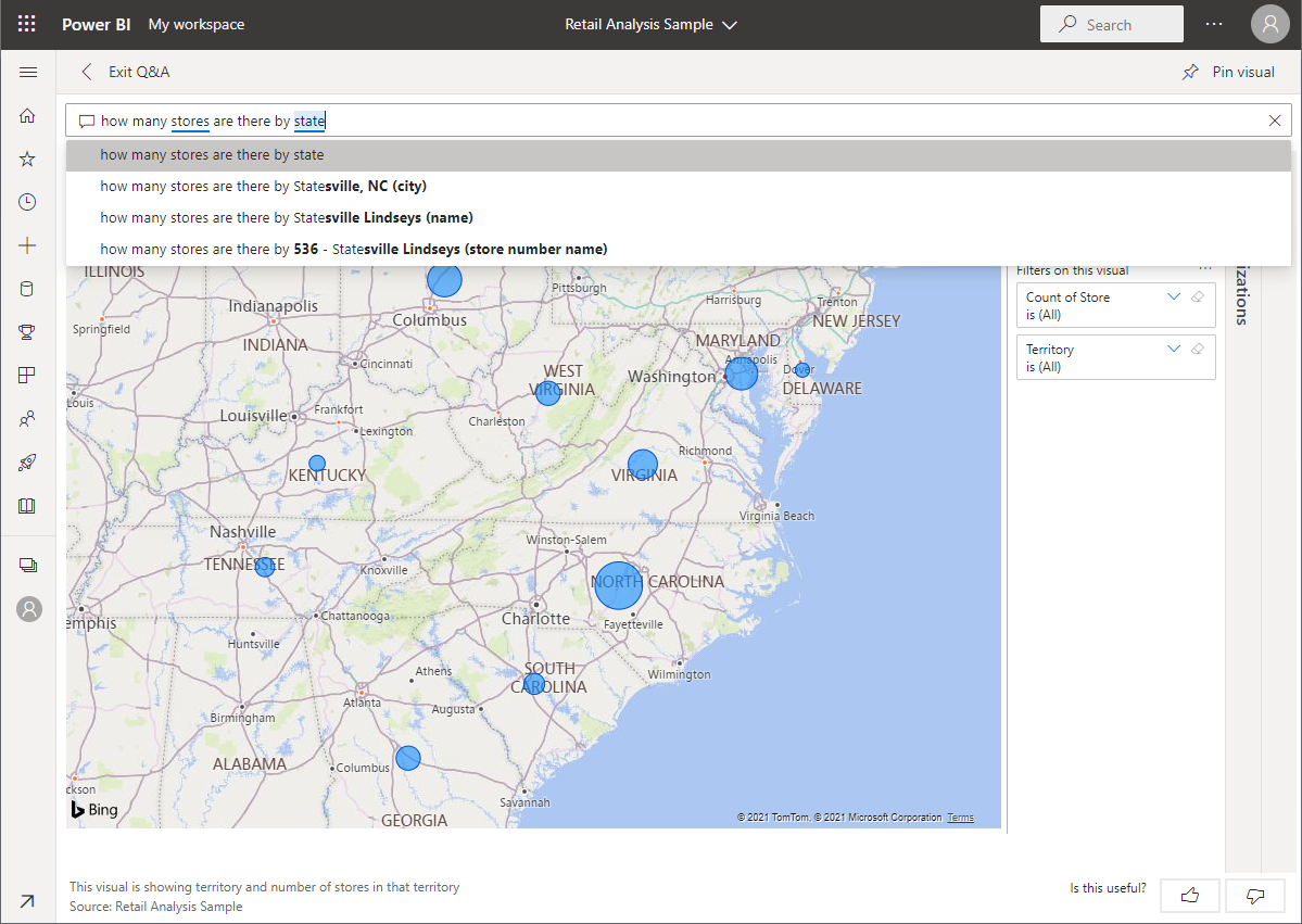 Captura de pantalla de una entrada Preguntas y respuestas de ejemplo, en la que se muestra una visualización de mapa.