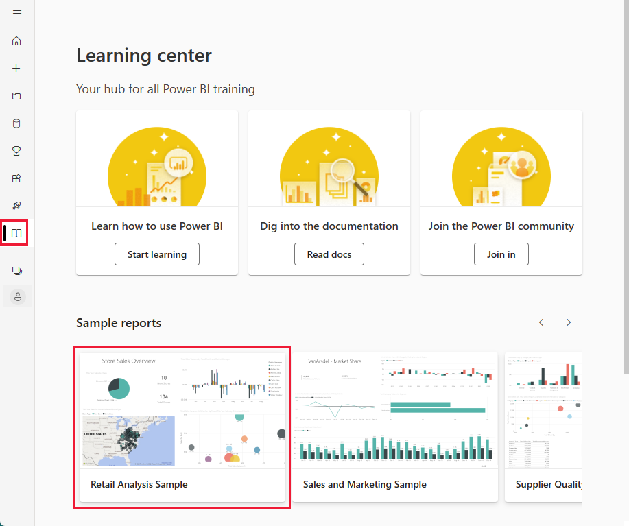Screenshot shows the Power BI Learning center where you can import samples.