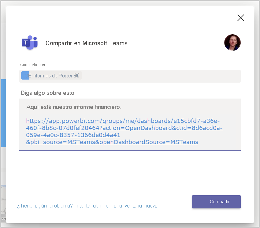 Screenshot of the Share to Teams dialog box.