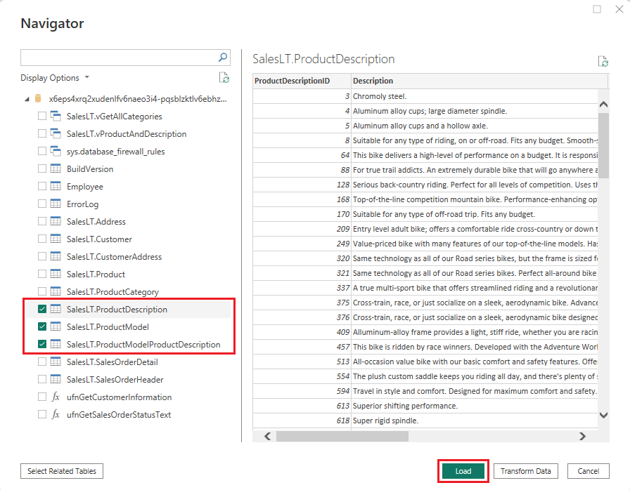 Captura de pantalla que muestra la carga de tres tablas del conjunto de datos de ejemplo en el informe de Power BI.