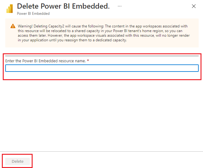 Captura de pantalla de la página de confirmación y de advertencia de eliminación de la capacidad en Azure Portal