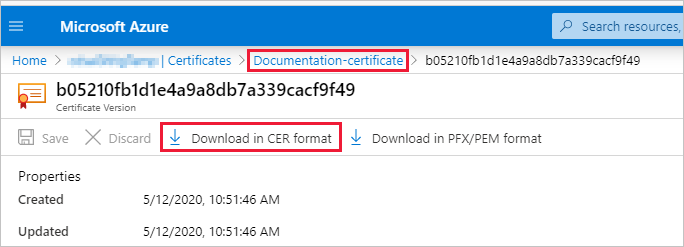Captura de pantalla de la ventana Azure Portal, que muestra el botón Descargar en formato CER resaltado.