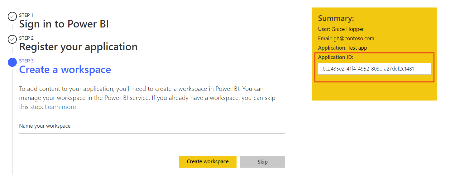 Screenshot of the Power BI embedded analytics setup tool, with a Summary box on the right. Information in the box includes an application ID.