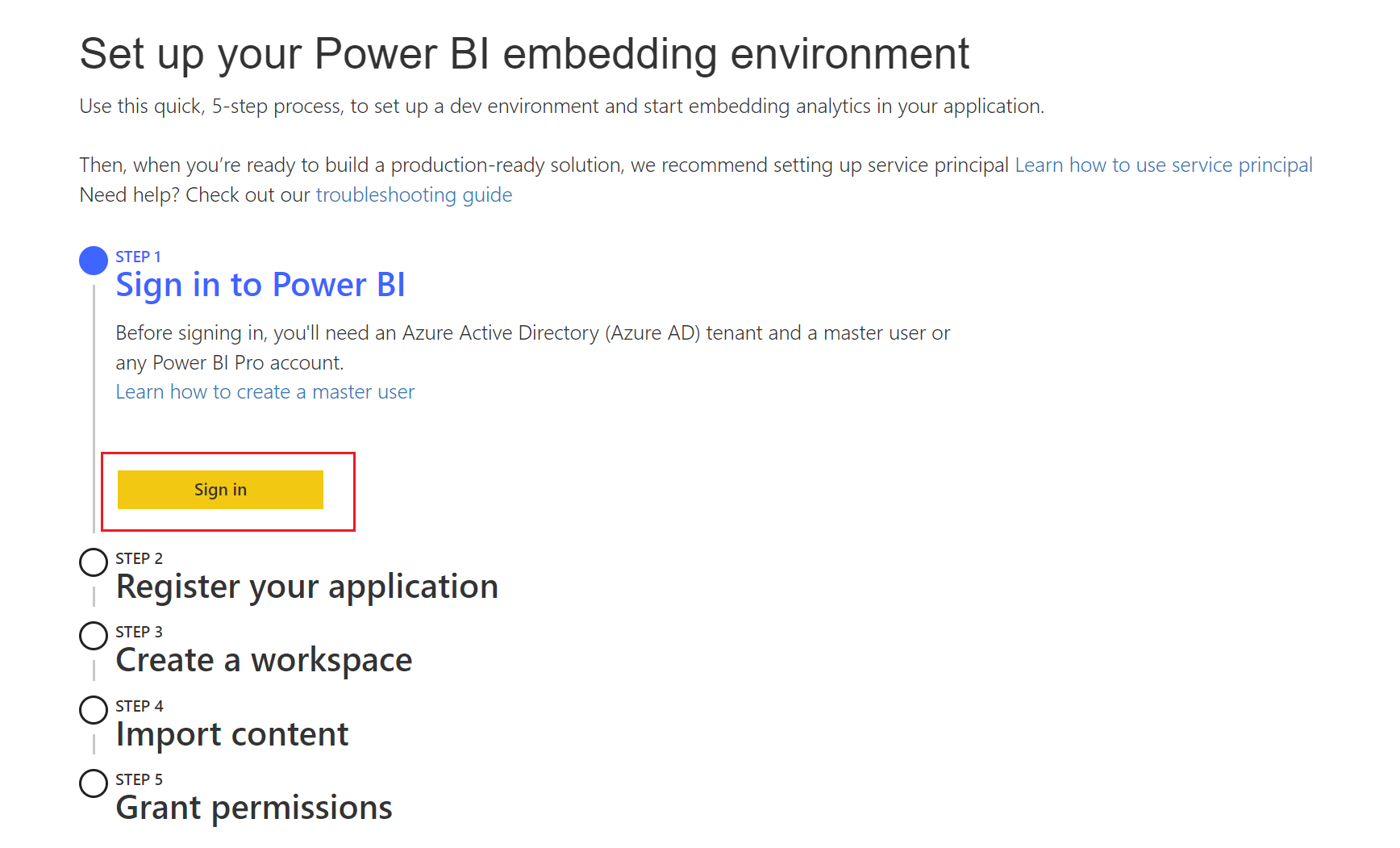 Screenshot of the Power BI embedded analytics setup tool. Under Step 1, the Sign in button is highlighted.