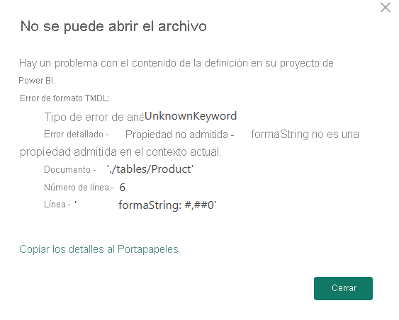 Captura de pantalla de un mensaje de error para un archivo no válido.