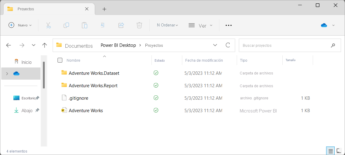 Captura de pantalla que muestra archivos de un proyecto de Power BI