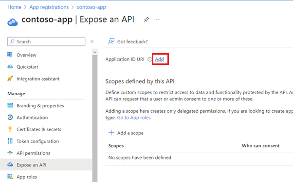 Captura de pantalla de la página Exponer una API con la opción para agregar un URI de identificador de aplicación.