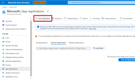 Captura de pantalla de la nueva interfaz de usuario de registro de aplicaciones de Microsoft Entra.