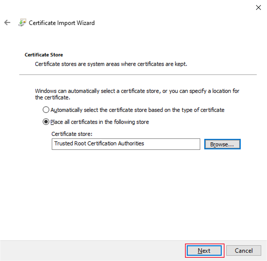 Captura de pantalla de la ventana Almacén de certificados del Asistente para importar certificados, con la carpeta Entidades de certificación raíz de confianza activa y el botón Siguiente resaltado.