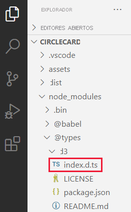 Captura de pantalla del archivo index.t.ds en un proyecto de objetos visuales de Power BI, tal y como aparece en VS Code.