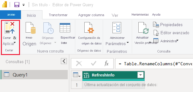 A screenshot showing the close and apply button in the power query editor in Power B I Desktop.
