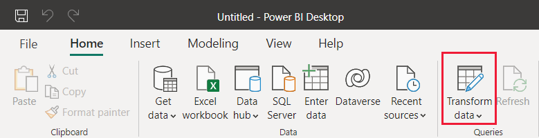 A screenshot highlighting the transform data button in Power B I Desktop.