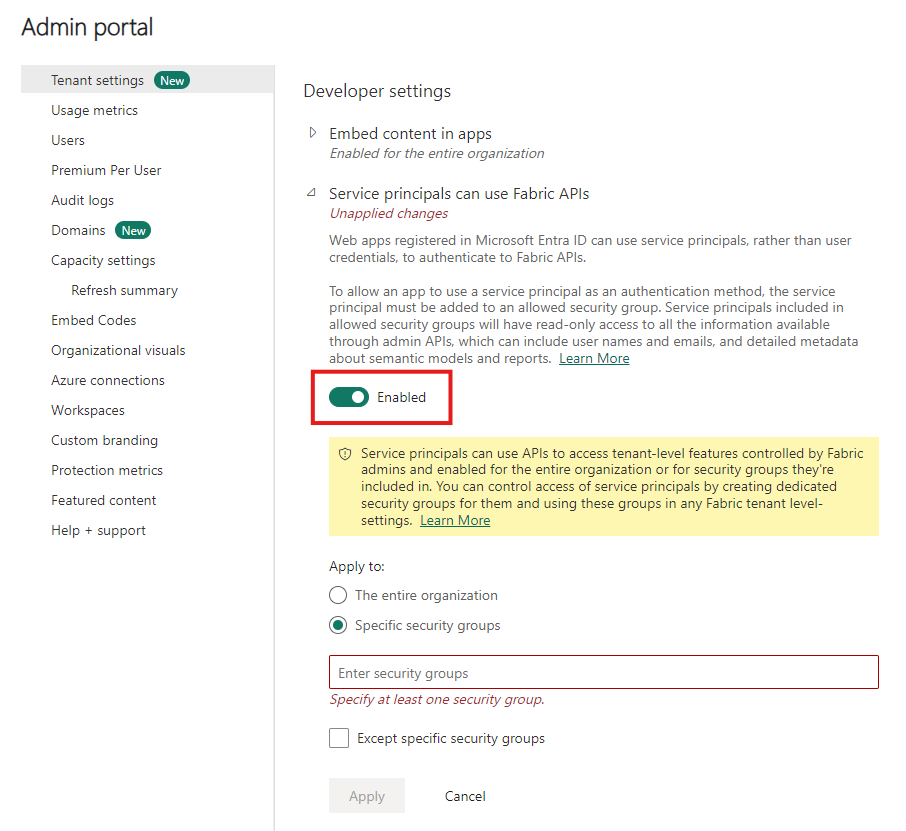 Captura de pantalla en la que se muestra el portal de administración con la configuración de inquilinos seleccionada. Permitir que las entidades de servicio usen API de Power BI está expandido con resaltado habilitado.