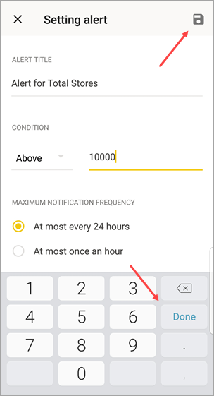 Captura de pantalla de la configuración de la condición de alerta de Android con las opciones Guardar y Listo.