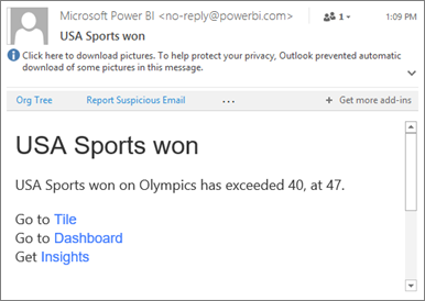 Captura de pantalla del mensaje de notificación de correo electrónico que muestra una alerta de datos de Power BI.
