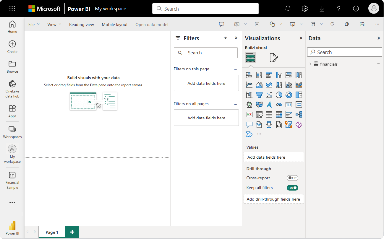 Screenshot that shows a blank report canvas in My workspace with the Filters, Visualizations, and Data panes open.