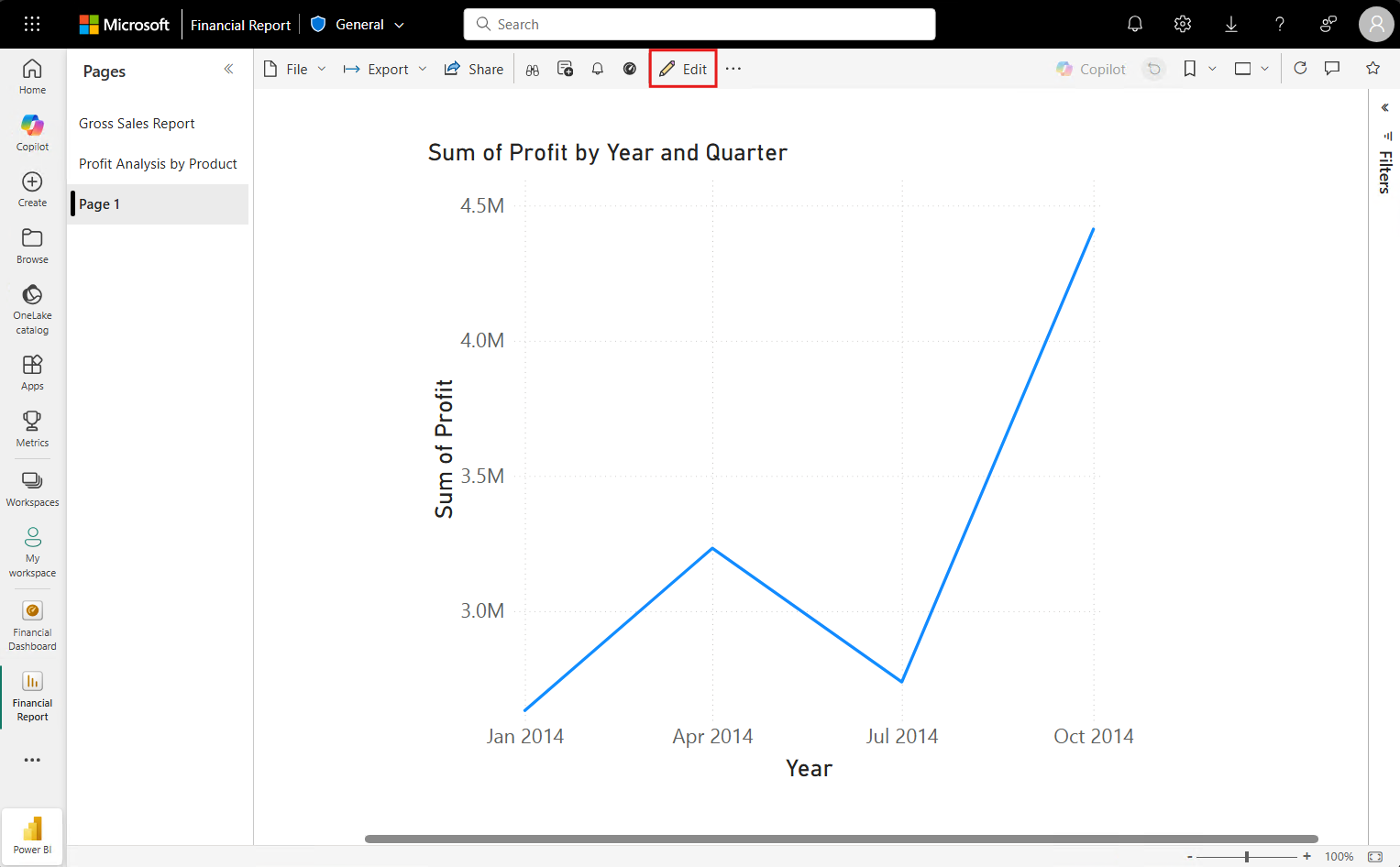 Captura de pantalla que muestra una visualización abierta en el editor de informes y la opción Editar seleccionada.