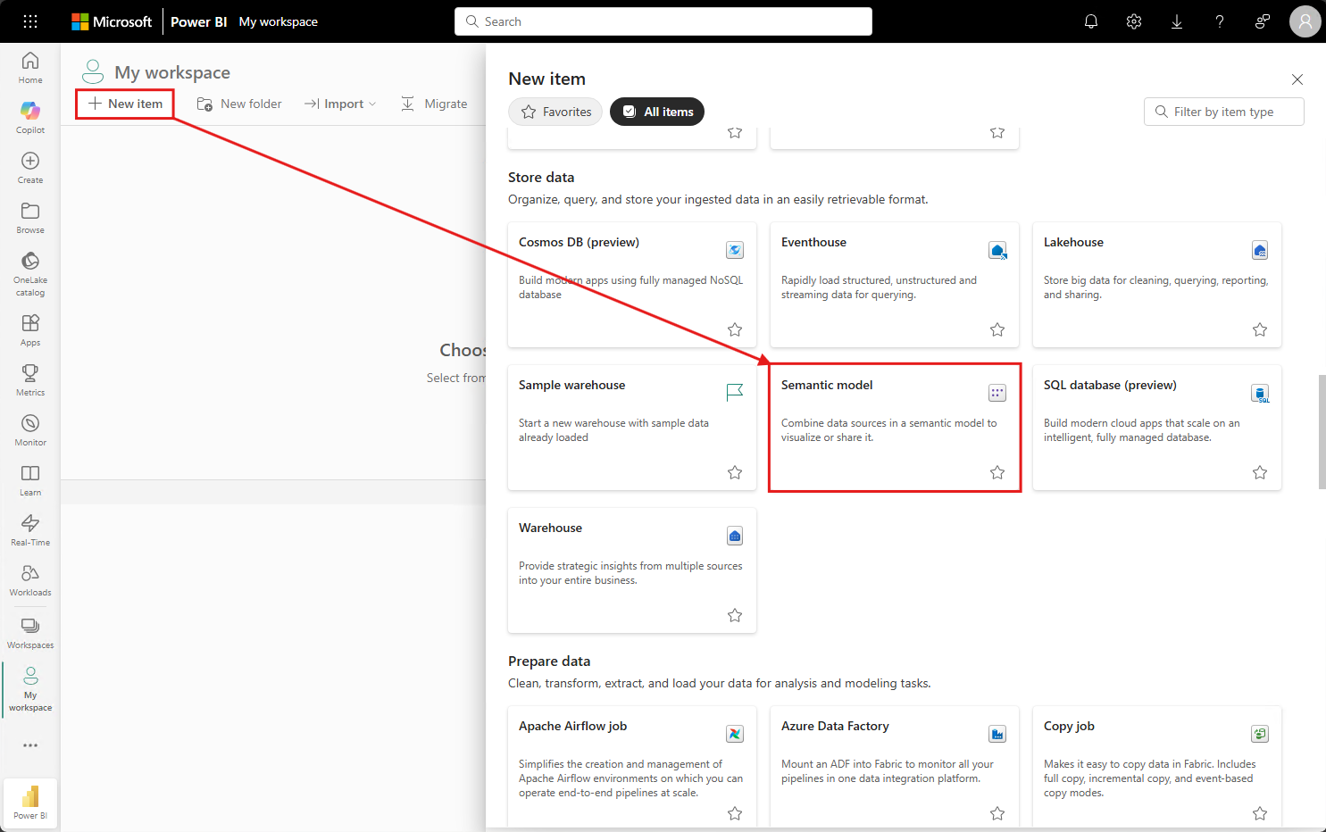 Captura de pantalla que muestra cómo crear un nuevo modelo semántico para iniciar el proceso de importación.