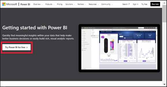 Captura de pantalla del servicio Power BI en la que se muestra la solicitud Try Power BI for free (Probar Power BI gratis).
