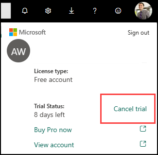 Captura de pantalla de la lista desplegable Cuenta en la que se muestra la opción Cancelar prueba.