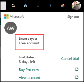 Captura de pantalla de la lista desplegable Cuenta en la que se muestra el tipo de licencia.