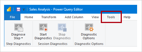 Captura de pantalla que muestra la pestaña de la cinta herramientas del Editor de Power Query que muestra el comando Diagnosticar paso, iniciar diagnóstico y el comando Detener diagnóstico.