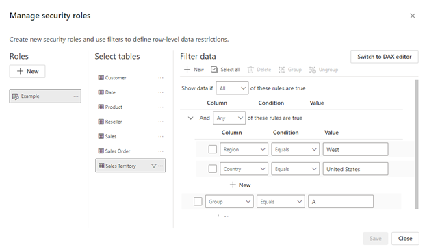 Captura de pantalla del editor predeterminado de la ventana Administrar roles para definir la seguridad de nivel de fila.