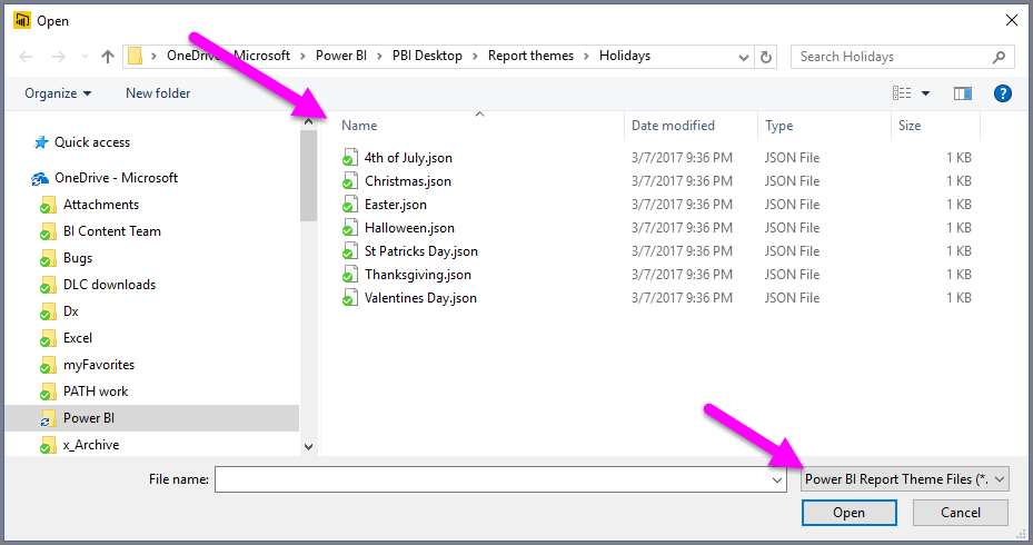 Captura de pantalla que muestra el cuadro de diálogo con la enumeración de archivos JSON de temas para días festivos.