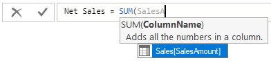 Captura de pantalla de la selección de SalesAmount para la fórmula SUM.